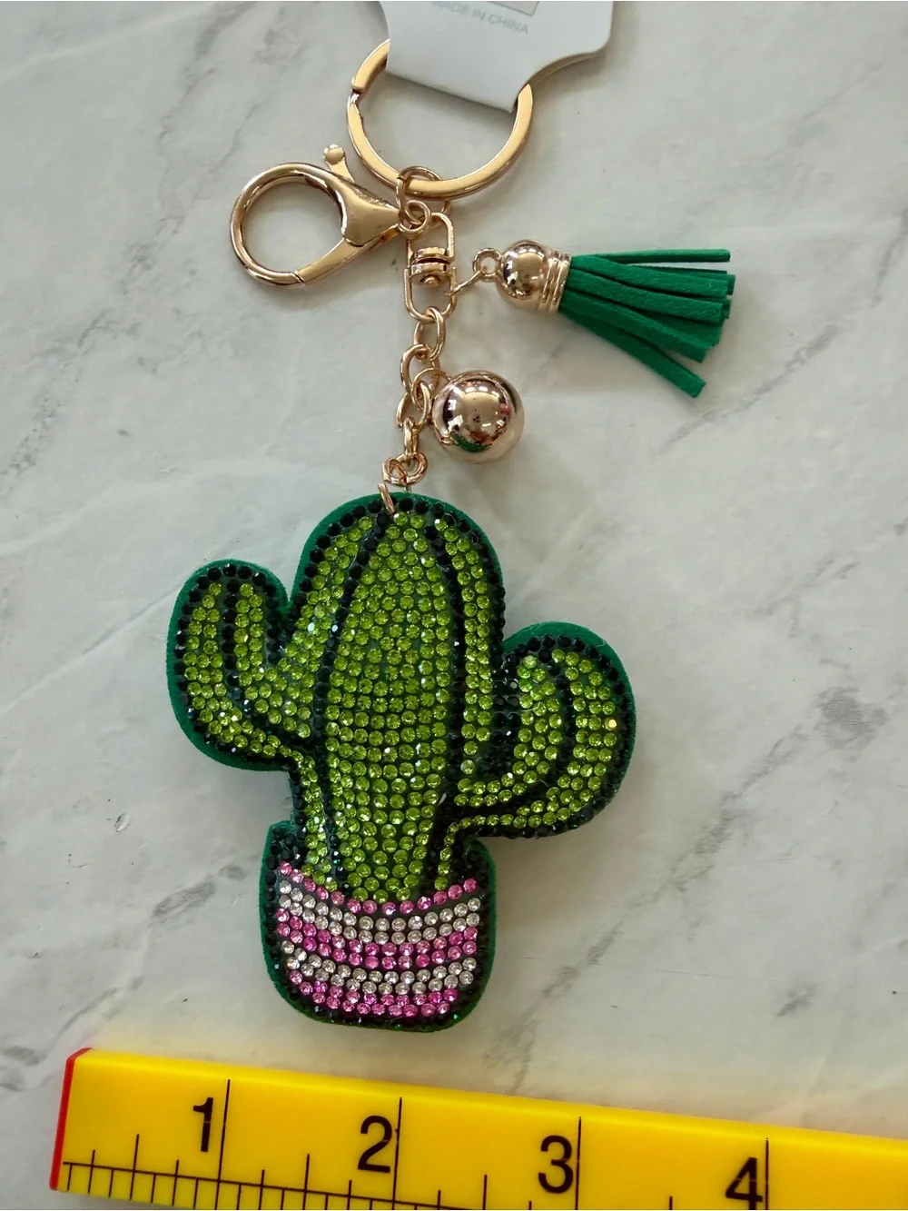 Green Cactus Crystal Tassel Keychain - Women's Accessories